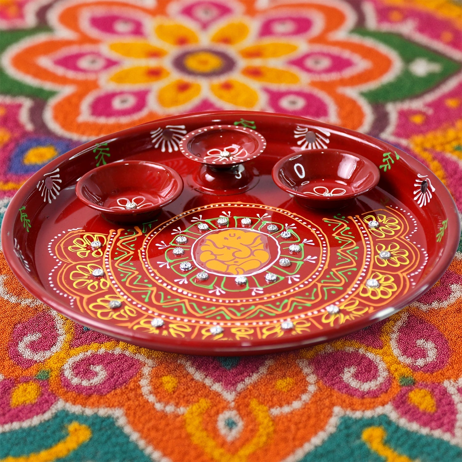Hand-Painted Decorative Pooja Thali with Ganesha Motif and Diyas Hand-Painted Decorative Pooja Thali with Ganesha Motif and Diyas